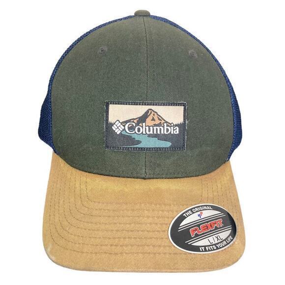 Columbia Flexfit Mesh Ball Cap L Unisex Breathable Multicolor Everest Green Tan - Picture 1 of 12